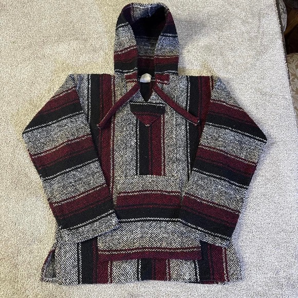 Tops - Y2K Textiles Gray Black Maroon Striped Hooded Poncho Women's Medium